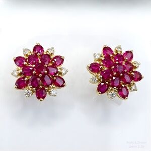 Ruby & Zircon Flower Cluster Earrings Gold 17mm Jewelry